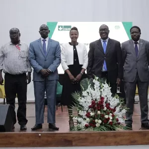 From left to right: Mme RAHERIJAONA Noro Clara, Director of Communication in Ministry of Agriculture and Livestock Madagascar, Dr. Henry Ojulong, Senior Scientist at ICRISAT, Dr. Baboucarr Manneh, AfricaRice DG., Dr. Joyce Maru, CIP Director for Africa, Dr. Simeon Ehui, IITA DG, Professor Appolinaire Djikeng, ILRI DG, Professor LEONG POCK Tsy Jean Michel, FOFIFA DG.
